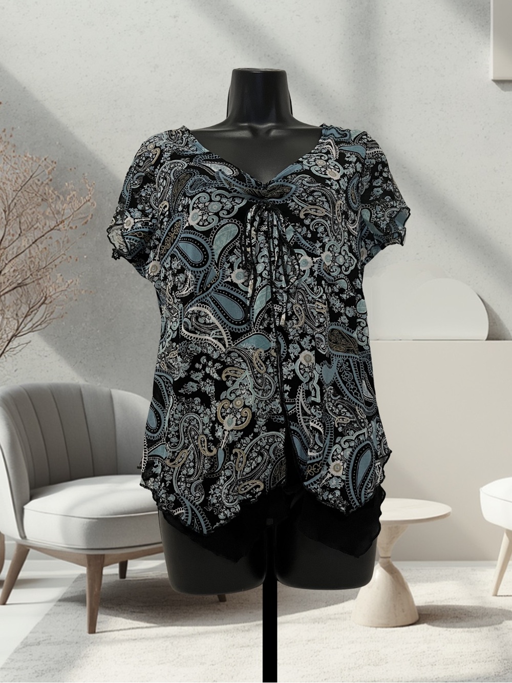 Jessica London Black & Teal Paisley V-Neck Short Sleeve Top